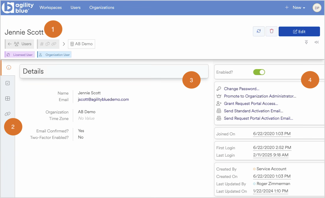 User details for Jennie Scott, including email, organization, and account status information.